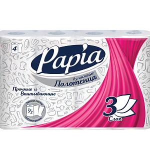 Полотенца бумажные в рулонах Papia, 3-слойные, тиснение, белые, 1/2 листа, 4шт.