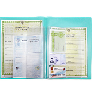 Папка с файлами для семейных документов ОМС, свидетельств и СНИЛС ДПС, 231*320мм, бирюзовый