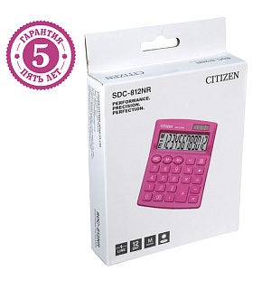 Калькулятор настольный Citizen SDC-812NR-PK, 12 разрядов, двойное питание, 102*124*25мм, розовый