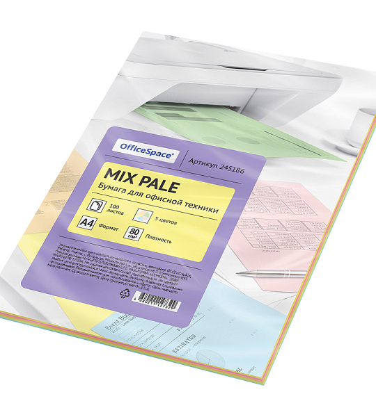 Бумага цветная OfficeSpace pale mix А4, 80г/м2, 100л. (5 цветов)