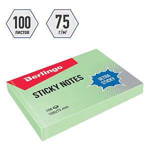 Самоклеящийся блок Berlingo "Ultra Sticky", 100*75мм, 100л, пастель, зеленый