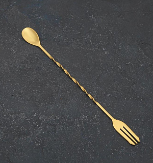 Ложка барная с вилкой, 32,5 см, цвет золото
