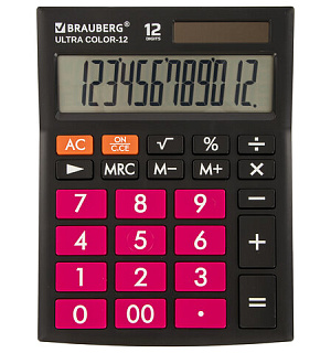 Калькулятор настольный BRAUBERG ULTRA COLOR-12-BKWR (192x143 мм), 12 разрядов, двойное питание, ЧЕРНО-МАЛИНОВЫЙ, 250500