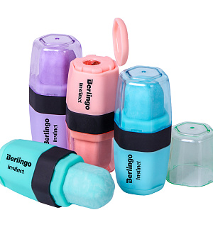 Точилка пластиковая с ластиком Berlingo "Instinct" 1 отверстие, контейнер, ассорти