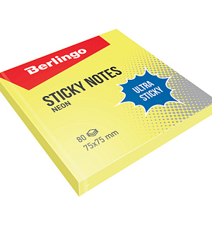 Самоклеящийся блок Berlingo "Ultra Sticky", 75*75мм, 80л, желтый неон