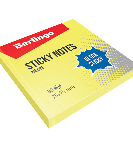 Самоклеящийся блок Berlingo "Ultra Sticky", 75*75мм, 80л, желтый неон