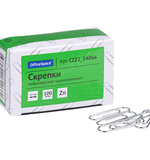 Скрепки 22мм, OfficeSpace, 100шт., оцинкованные, карт. упаковка