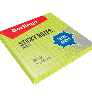 Самоклеящийся блок Berlingo "Ultra Sticky", 75*75мм, 80л, в клетку, зеленый неон