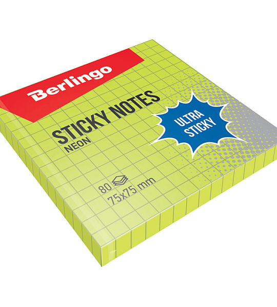 Самоклеящийся блок Berlingo "Ultra Sticky", 75*75мм, 80л, в клетку, зеленый неон