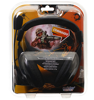 Наушники с микрофоном Smartbuy Commando, с регулятором громкости, 2,5м, черный