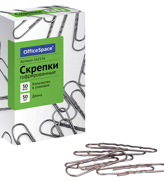 Скрепки 50мм, OfficeSpace, 50шт., гофрированные, карт. упаковка
