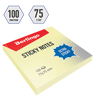 Самоклеящийся блок Berlingo "Ultra Sticky", 75*75мм, 100л, пастель, желтый