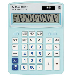 Калькулятор настольный BRAUBERG EXTRA PASTEL-12-LB (206x155 мм), 12 разрядов, двойное питание, ГОЛУБОЙ, 250486