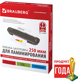 Пленки-заготовки для ламинирования А4, КОМПЛЕКТ 100 шт., 250 мкм, BRAUBERG, 530897
