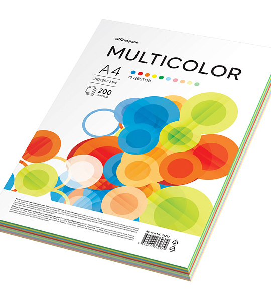 Бумага цветная OfficeSpace "Multicolor", A4, 80г/м², 200л., (10 цветов)