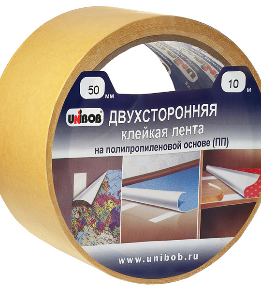 Клейкая лента двусторонняя Unibob, 50мм*25м, полипропилен, инд. упаковка