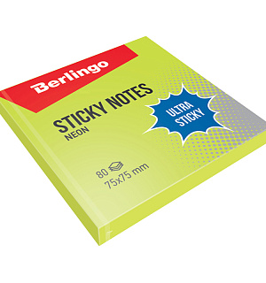 Самоклеящийся блок Berlingo "Ultra Sticky", 75*75мм, 80л, зеленый неон
