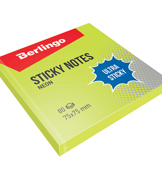 Самоклеящийся блок Berlingo "Ultra Sticky", 75*75мм, 80л, зеленый неон
