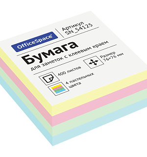 Самоклеящийся блок OfficeSpace 76*76мм, 400л, 4 пастельных цвета