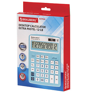 Калькулятор настольный BRAUBERG EXTRA PASTEL-12-LB (206x155 мм), 12 разрядов, двойное питание, ГОЛУБОЙ, 250486
