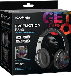 Наушники с микрофоном беспроводные Defender FreeMotion B545, Bluetooth, складные, MicroSD, FM, подсветка, разъем Micro-USB, черный