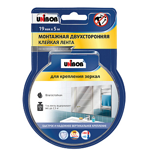 Клейкая лента двусторонняя для крепления зеркал Unibob 19мм х 5м, белая