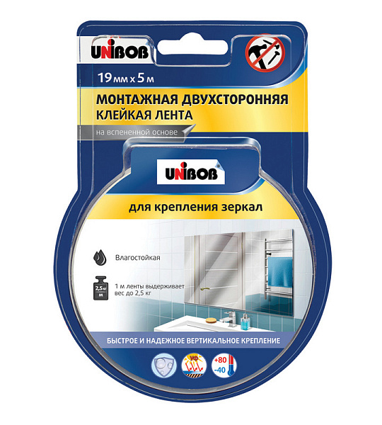 Клейкая лента двусторонняя для крепления зеркал Unibob 19мм х 5м, белая