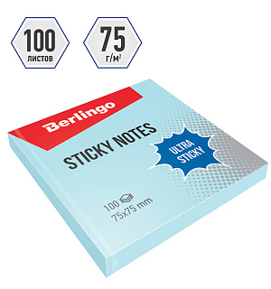 Самоклеящийся блок Berlingo "Ultra Sticky", 75*75мм, 100л, пастель, голубой