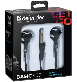Наушники-вкладыши Defender "Basic" 609, 1,1м, черный, белый