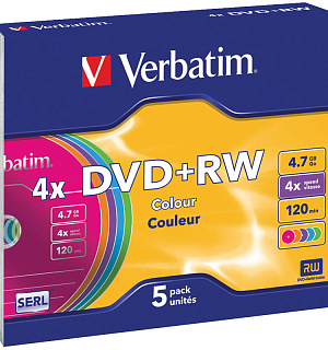 Диск DVD+RW 4.7Gb Verbatim 4x SERL Color Slim (5шт)
