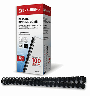 Пружины пластиковые для переплета, КОМПЛЕКТ 100 шт., 14 мм (для сшивания 81-100 л.), черные, BRAUBERG, 530917