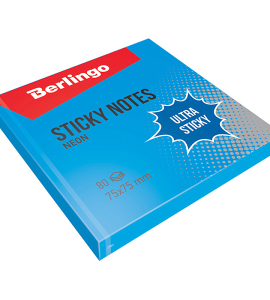 Самоклеящийся блок Berlingo "Ultra Sticky", 75*75мм, 80л, синий неон