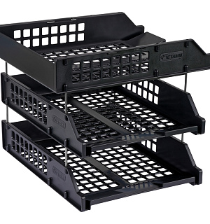 Лоток для бумаг горизонтальный СТАММ "Strong", набор 3шт., на метал. стержнях, черный