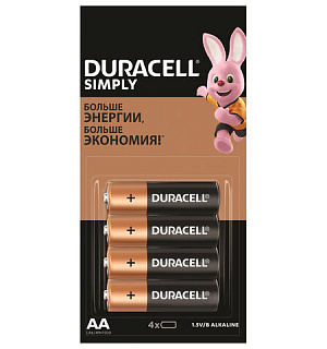 Батарейки КОМПЛЕКТ 4 шт. (отрывной блок), DURACELL Simply, AA (LR06, 15А), алкалиновые, пальчиковые, 5009139