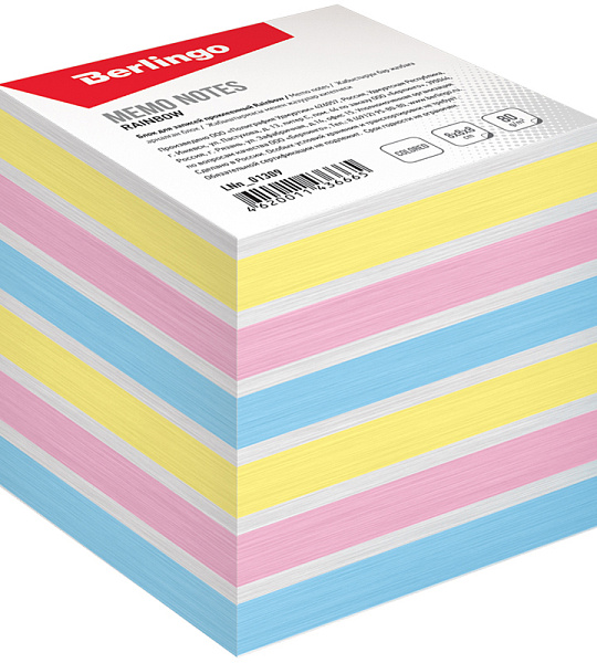 Блок для записи на склейке Berlingo "Rainbow" 8*8*8см, цветной, пастель