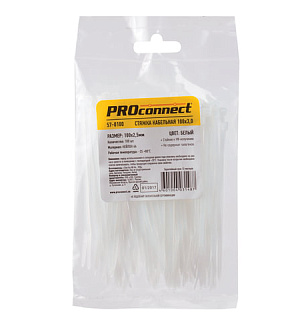 Хомуты (стяжки), нейлоновые, 2,5 мм х 100 мм, комплект 100 шт., PROCONNECT, белые, европодвес, 57-0100