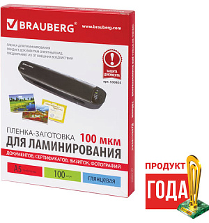Пленки-заготовки для ламинирования МАЛОГО ФОРМАТА, А5, КОМПЛЕКТ 100 шт., 100 мкм, BRAUBERG, 530805