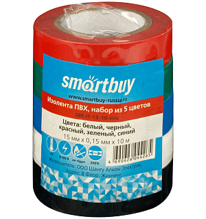 Изолента Smartbuy, 15мм*10м, 150мкм, набор из 5 цветов