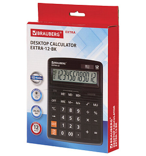Калькулятор настольный BRAUBERG EXTRA-12-BK (206x155 мм), 12 разрядов, двойное питание, ЧЕРНЫЙ, 250481