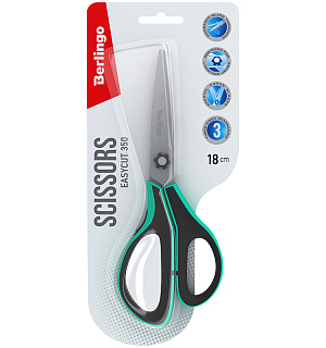 Ножницы Berlingo "Easycut 350", 18см, бирюзовые, эргономичные ручки, мягкие вставки, европодвес