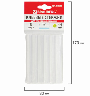 Клеевые стержни, диаметр 11 мм, длина 100 мм, прозрачные, комплект 6 шт., BRAUBERG, европодвес, 670293