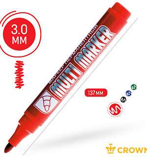Маркер перманентный Crown "Multi Marker" красный, пулевидный, 3мм