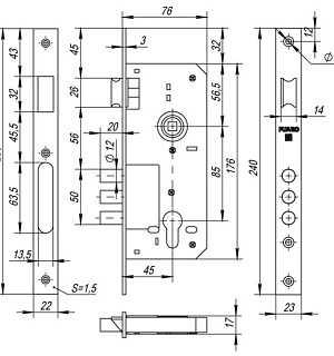 Корпус замка Fuaro 900 3MR/CP W/B, хромированная планка