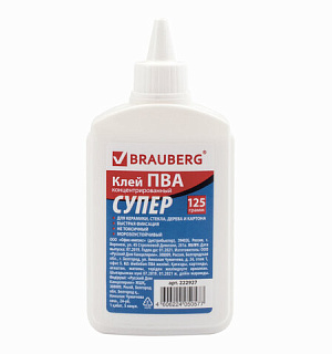 Клей ПВА-СУПЕР BRAUBERG (керамика, ткань, кожа, дерево, бумага, картон), 125 г, 222927