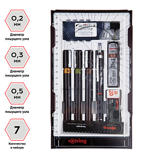Набор изографов Rotring 0,2/0,3/0,5мм, мех. карандаш 0,5мм, грифели, ластик, насадка для циркуля