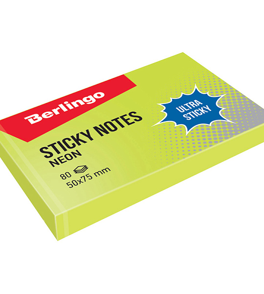 Самоклеящийся блок Berlingo "Ultra Sticky", 50*75мм, 80л, зеленый неон