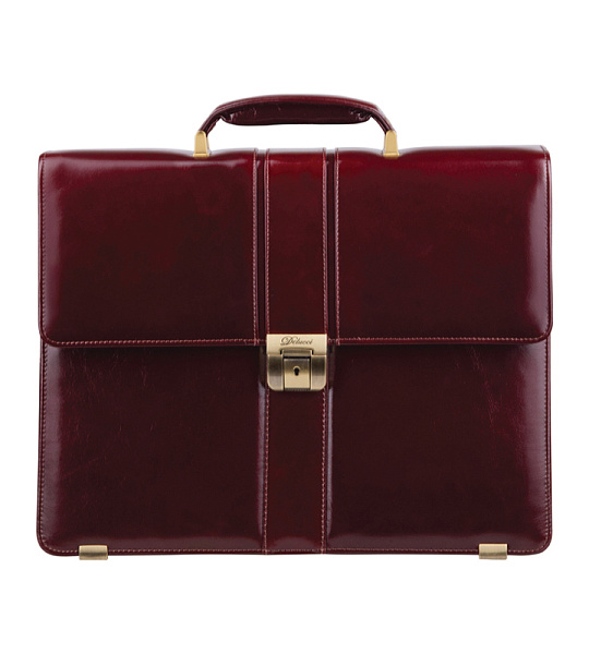 Портфель Delucci "Гиперион", кожа, темный коньяк, 2 отделения, метал. замок, с ремнем