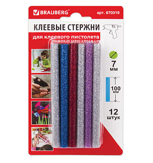 Клеевые стержни, диаметр 7 мм, длина 100 мм, цветные (ассорти), С БЛЕСТКАМИ, КОМПЛЕКТ 12 шт., 6 цветов, BRAUBERG, 670319