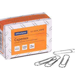 Скрепки 28мм, OfficeSpace, 100шт., оцинкованные, карт. упаковка