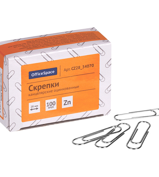 Скрепки 28мм, OfficeSpace, 100шт., оцинкованные, карт. упаковка